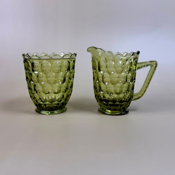 Vintage Fenton Green Thumbprint Glass Creamer & Sugar Bowl Set | Mid-Century - Picture 4 of 14